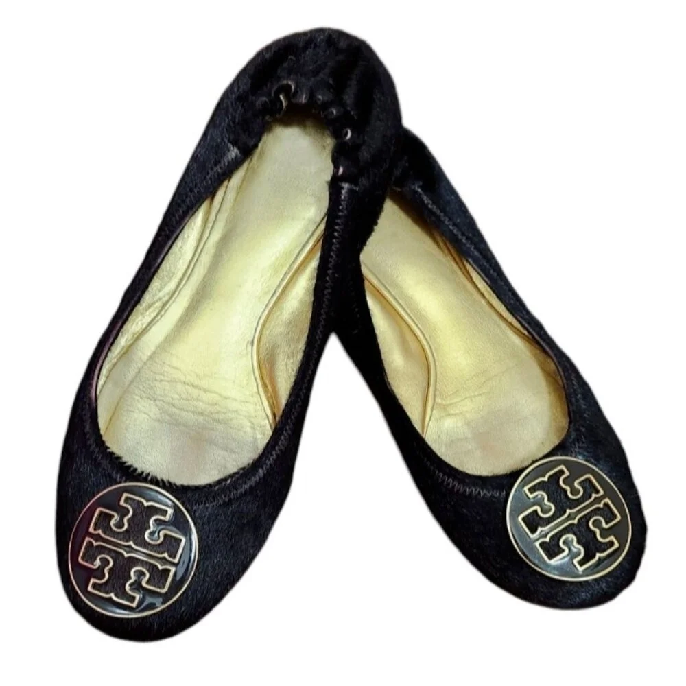 Tory Burch Reva Brown Gold Animal Fur Ballet Flat Womens Size 7 Slip On Ballet
